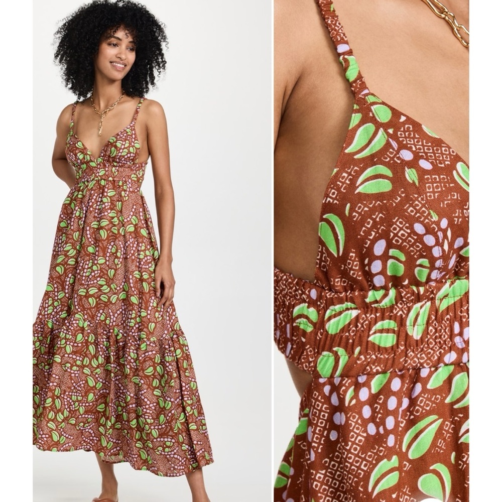 NWT A.L.C Rhodes Cotton Dress Tiered Cut Out Smocked Maxi Dress Linen Print
